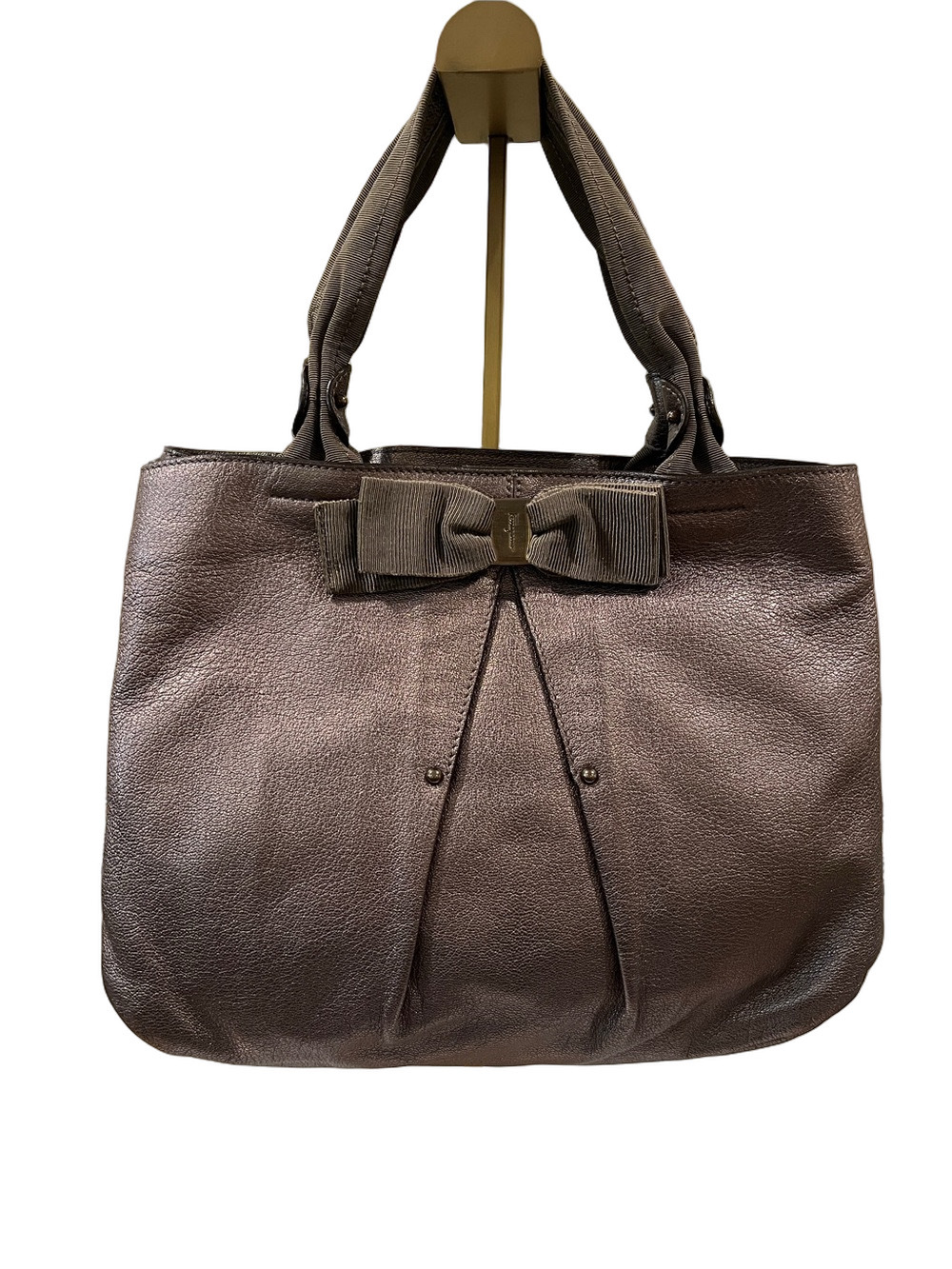 Salvatore Ferragamo Bronze Metallic Taupe Tote with Bow Detail